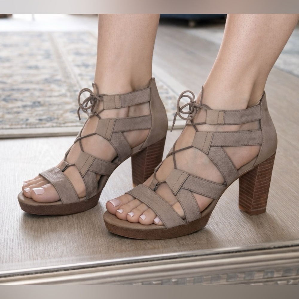 Paul Green Taupe Gladiator Block Heel Sandals Leather Lace Up US 8